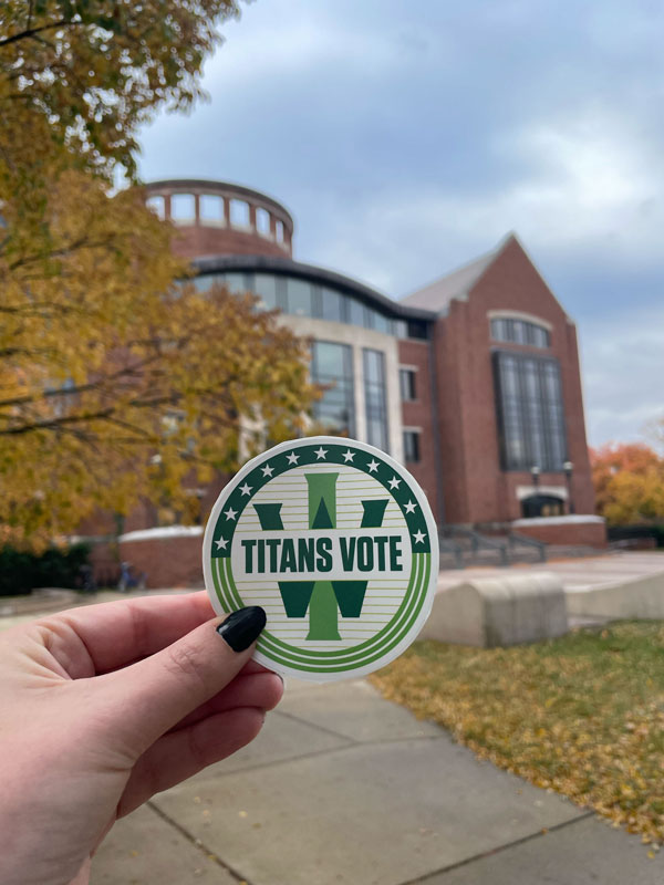 Titans Vote sticker in front of Ames Library