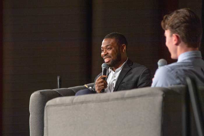 Afolabi speaks during his presentation, “From IWU to Airline Startup: The Journey of an Entrepreneur,” on Jan. 20, 2022. The event was sponsored by the Hart Career Center and open to all students, with both in-person and virtual attendance options.