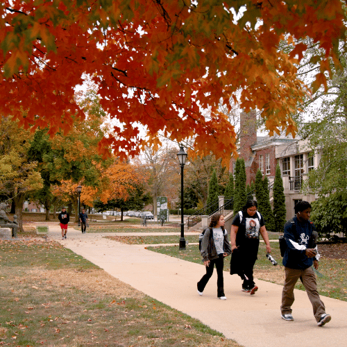 Students walking on IWU quad under colorful tree