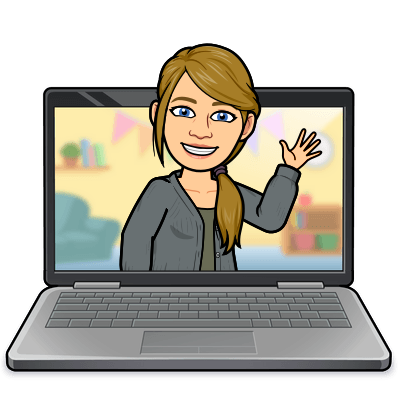 bitmoji characterization of Sara Spaniol waving while popping out of a laptop screen